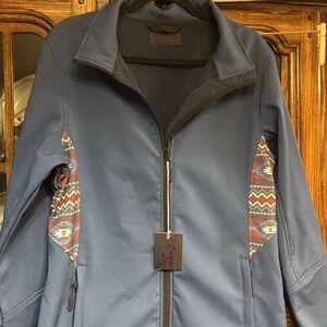 Cowgirl Legend‎ NWT Women's Large Full Zippered  Jacket Blue With Aztec Design